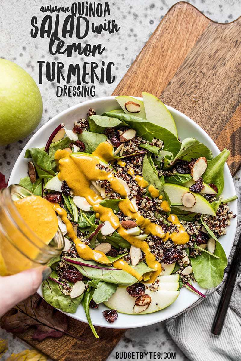 Balance out the heavier cooked down and roasted flavors of fall with this light and tangy Autumn Quinoa Salad with homemade Lemon Turmeric Dressing. Budgetbytes.com