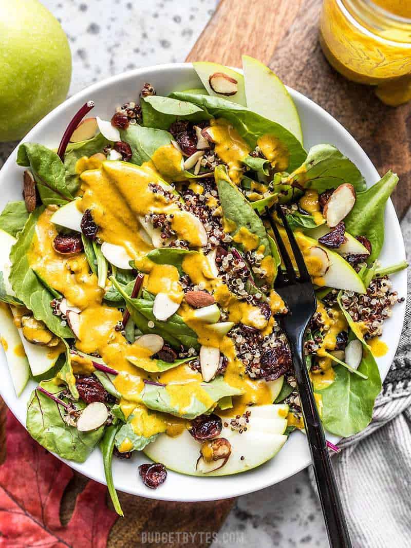 Balance out the heavier cooked down and roasted flavors of fall with this light and tangy Autumn Quinoa Salad with homemade Lemon Turmeric Dressing. Budgetbytes.com Autumn Quinoa Salad drenched in Lemon Turmeric Dressing ready to eat.