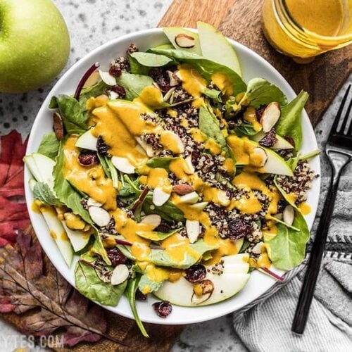 Autumn Quinoa Salad with Lemon Turmeric Dressing ready for serving
