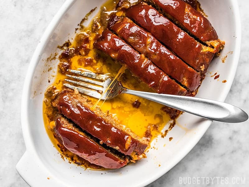 Sliced Cheddar Cheeseburger Meatloaf with pulled cheese