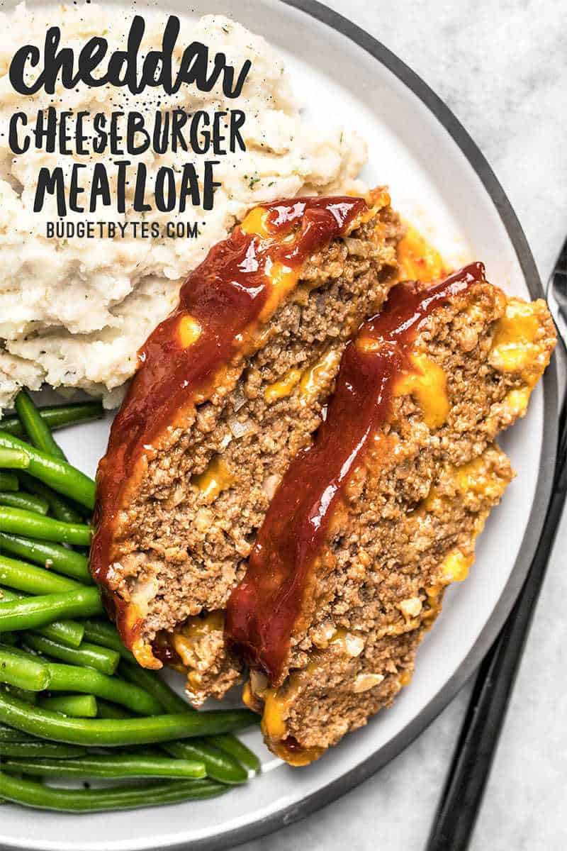 This super cheesy Cheddar Cheeseburger Meatloaf is studded with melty nuggets of cheddar, and topped with a tangy tomato-mustard sauce. Budgetbytes.com