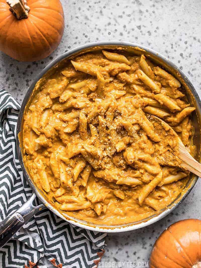 Smoky, spicy, and creamy Chipotle Pumpkin Pasta in the pan.