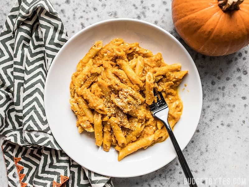 A bowl full of smoky, spicy, and creamy Chipotle Pumpkin Pasta.