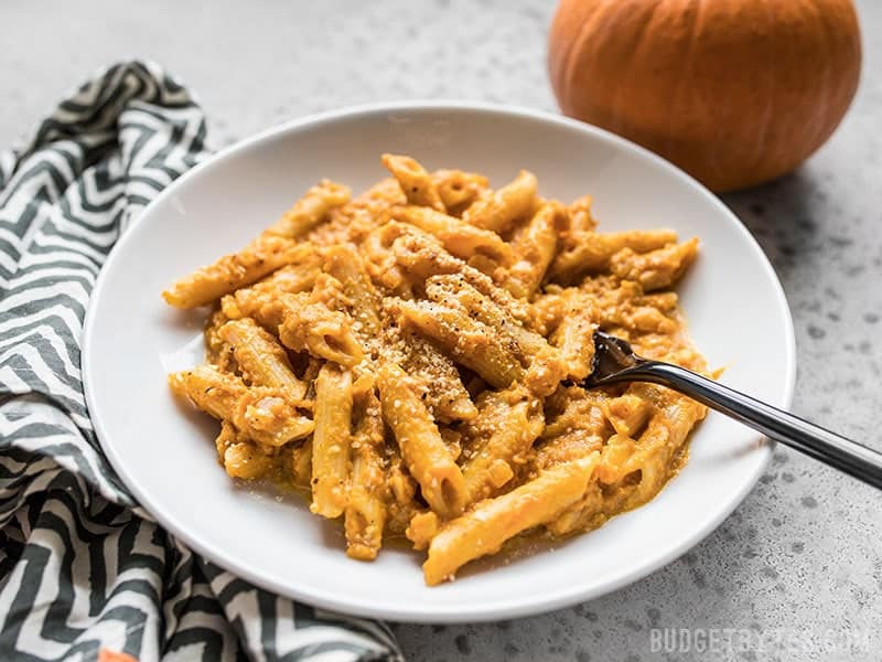 Bowl of finished Chipotle Pumpkin Pasta viewed from the front, with a black fork and small pumpkin in the background