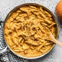 Skillet full of smoky, spicy, and creamy Chipotle Pumpkin Pasta.