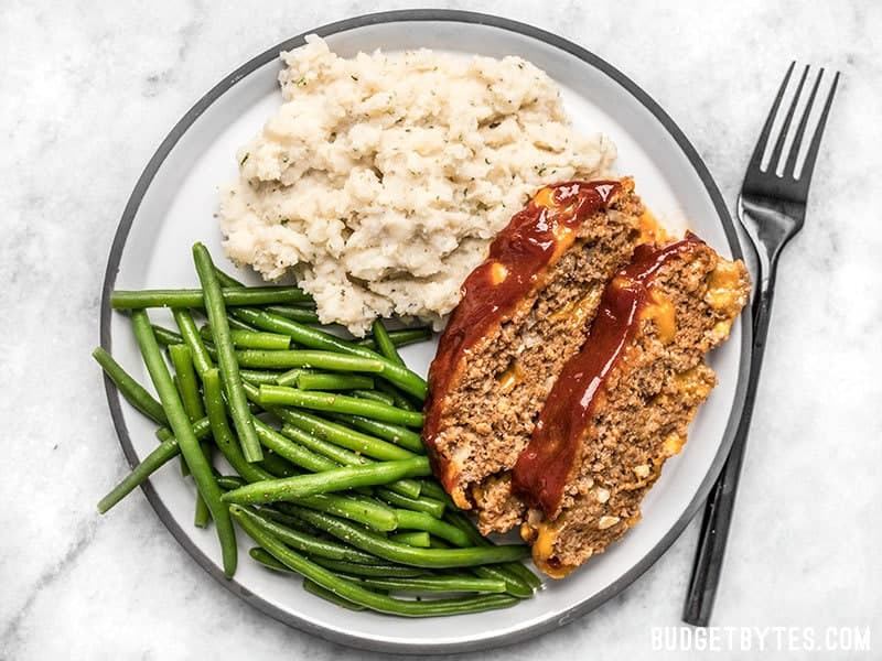 Fluffy Garlic Herb Mashed Potatoes with green beans and Cheddar Cheeseburger Meatloaf