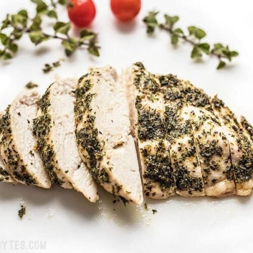 Garlic Herb Baked Chicken Breast sliced and ready to serve