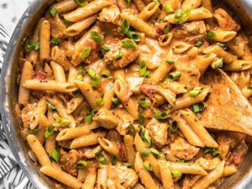 One Pot Cajun Chicken Pasta ready to be served out of the pan.