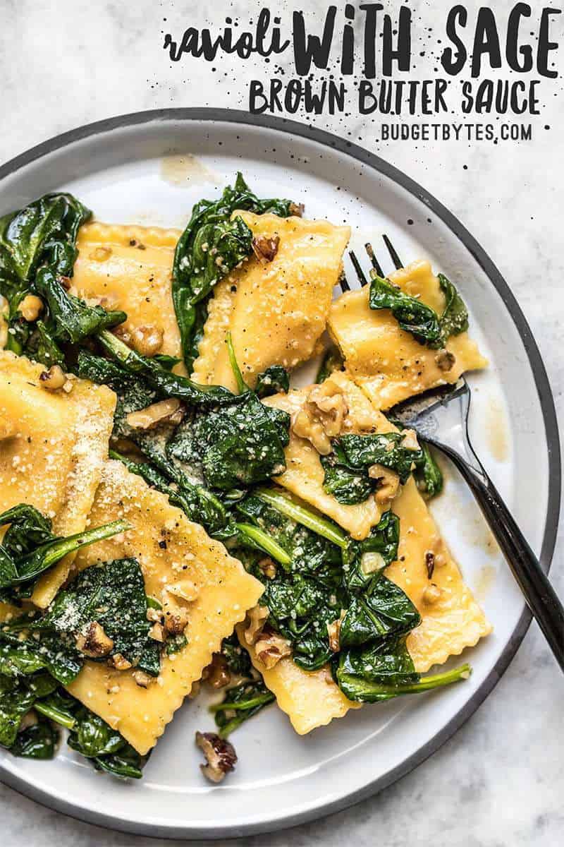 Do something special for yourself and make this simple, yet elegant Ravioli with Sage Brown Butter Sauce. Restaurant quality without the enormous bill! Budgetbytes.com