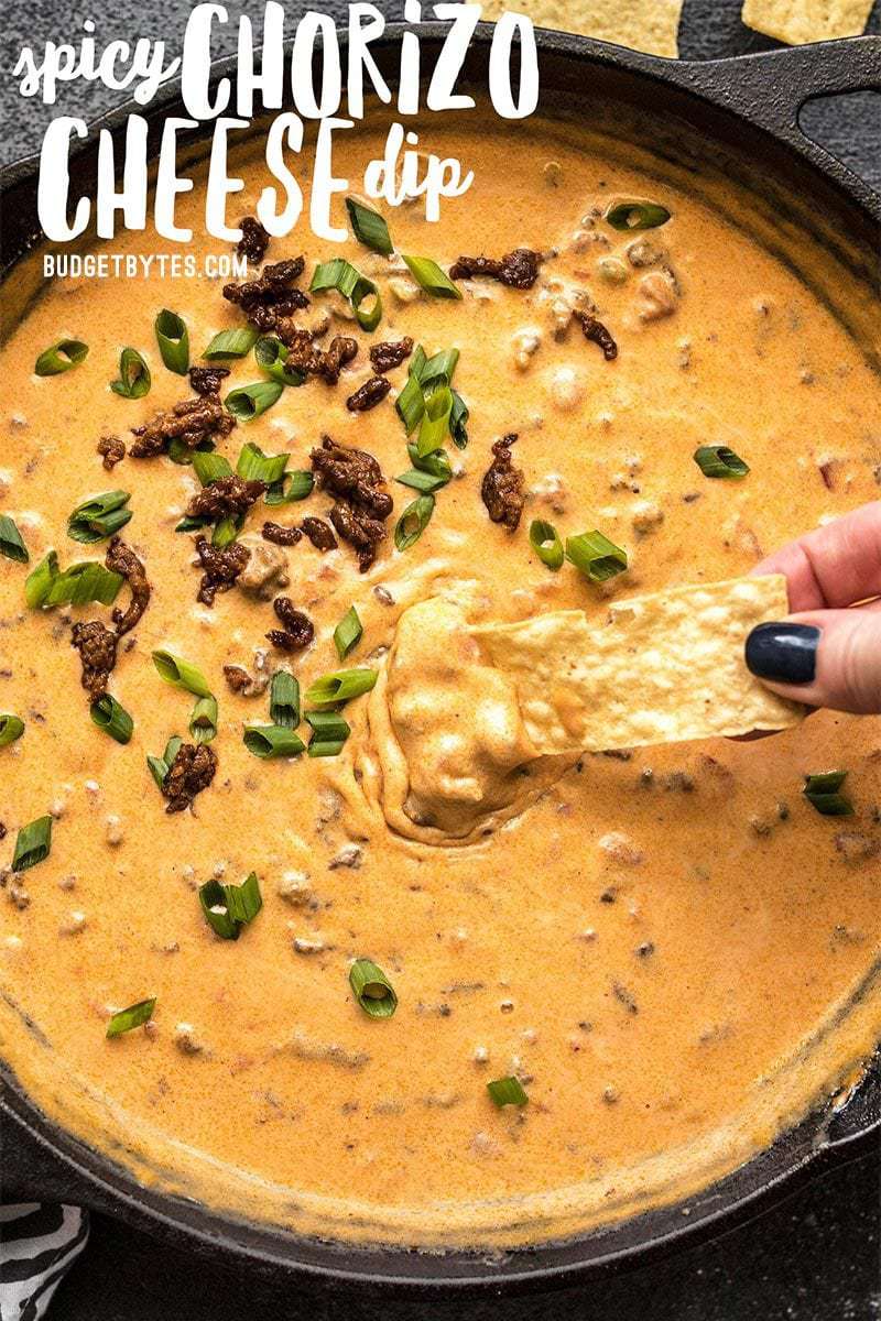 This incredibly easy Spicy Chorizo Cheese Dip only has five ingredients, no processed cheese, and is sure to be the star of your next party! Budgetbytes.com