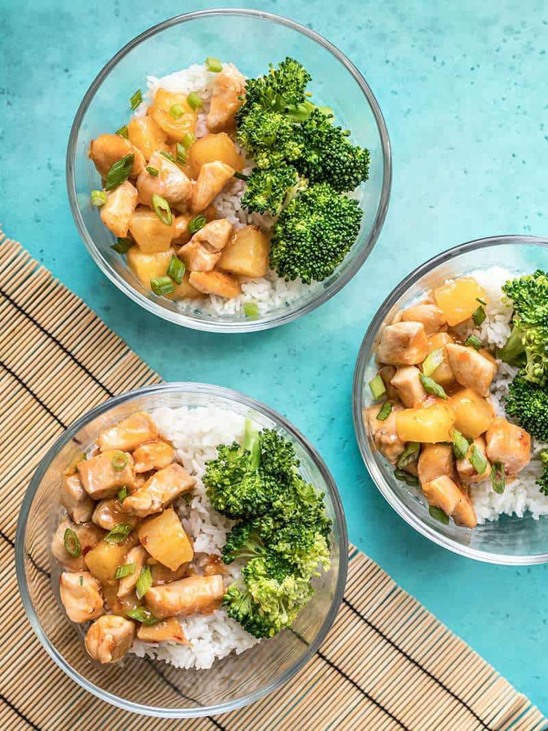 Three bowls of Sweet Chili Chicken Stir Fry