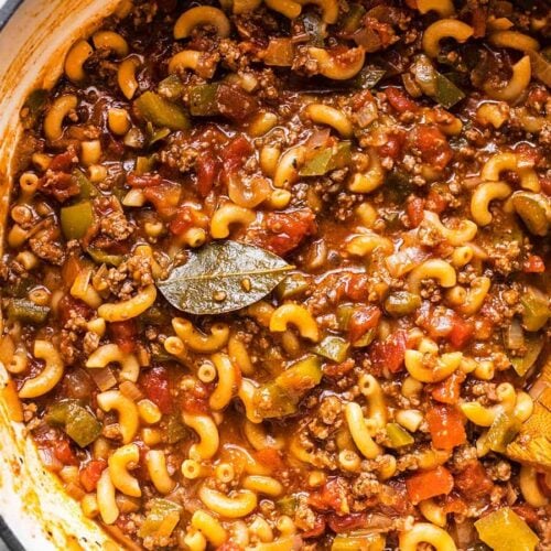 close up of american goulash in the pot