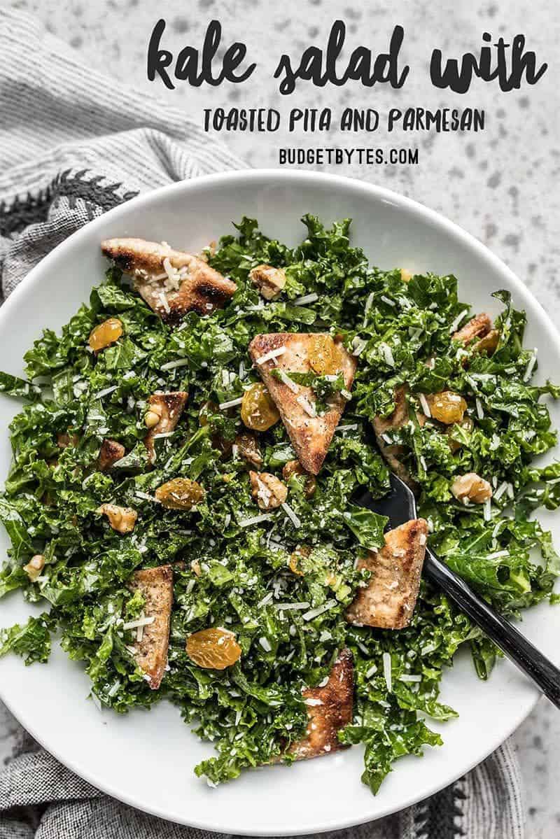 Fresh salads are not just for summer! This Kale Salad with Toasted Pita and Parmesan features winter flavors, but is still light, fresh, and crunchy! Budgetbytes.com
