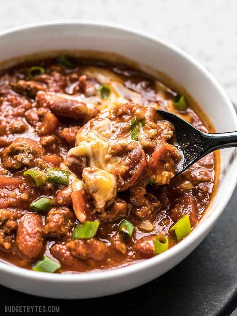 A spoonful of super flavorful small-batch Rice Cooker Chili.