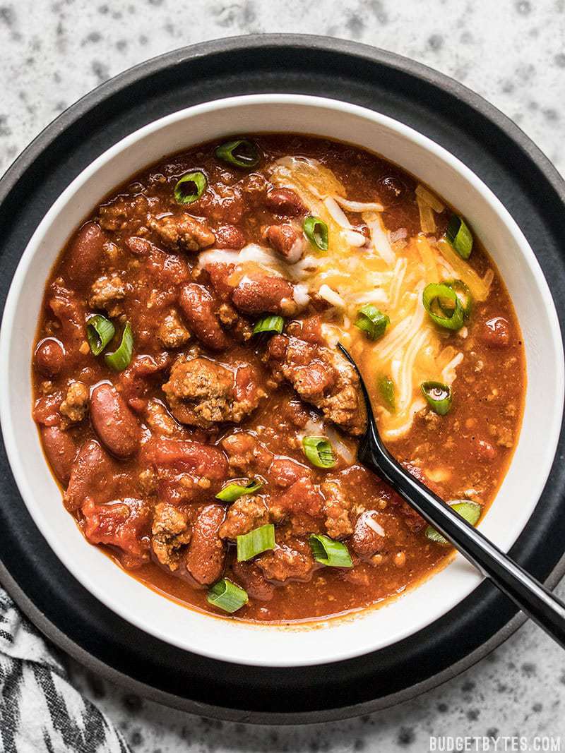 A big bowl of super flavorful small-batch Rice Cooker Chili.