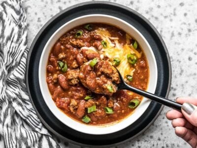 Bowl of super easy small-batch Rice Cooker Chili