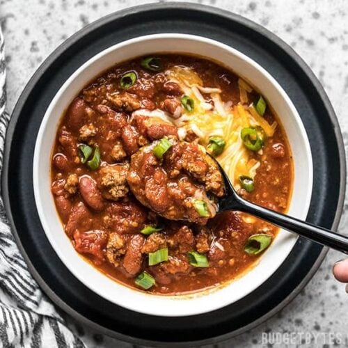 Bowl of super easy small-batch Rice Cooker Chili