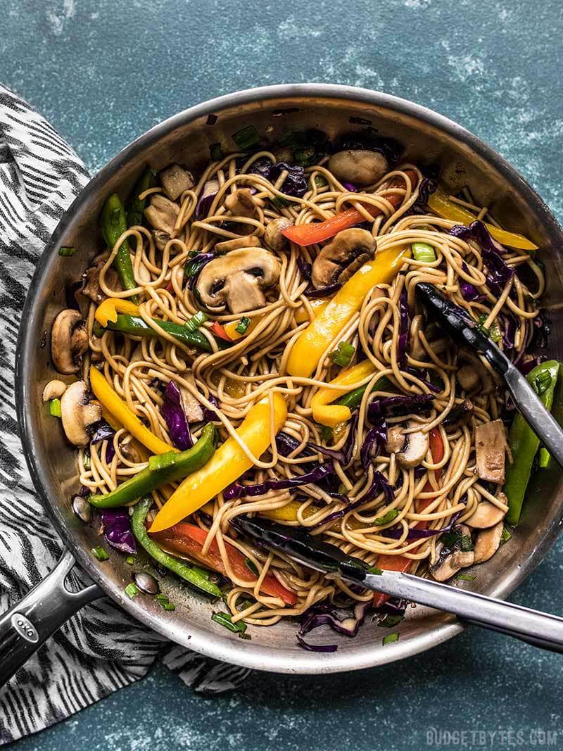 A skillet full of fast and easy Salad Bar Vegetable Lo Mein