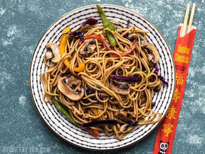 A plate full of Salad Bar Vegetable Lo Mein ready to eat.