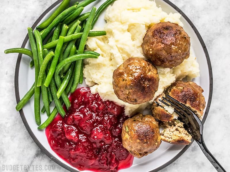 Turkey and Stuffing Meatballs served as a main dish with mashed potatoes