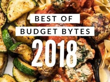 Best of Budget Bytes 2018 with close up of food in background