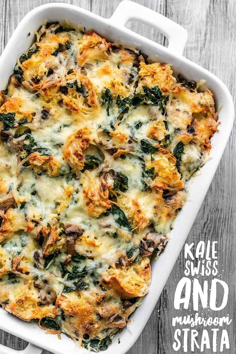 This Kale Swiss and Mushroom Strata is a filling and savory dish perfect for breakfast, brunch, or brinner! Prep the night before and bake in the morning! Budgetbytes.com
