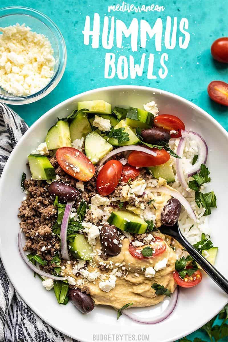 Just about any protein or vegetable can be added to these filling and tasty Mediterranean Hummus Bowls to make them your own and use up your leftovers!Budgetbytes.com