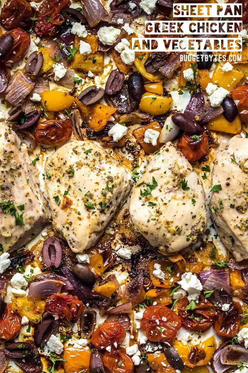 An easy homemade lemon garlic marinade transforms simple ingredients into a flavorful Sheet Pan Greek Chicken and Vegetable dinner. Perfect for weeknights! Budgetbytes.com