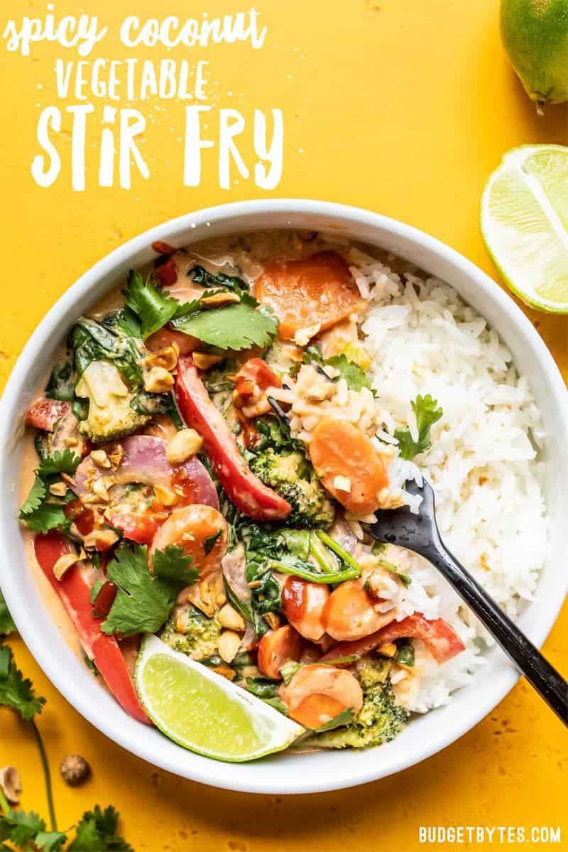 This rich and spicy coconut vegetable stir fry is adaptable to whatever vegetables are lingering in your fridge, making it a great sweep the kitchen recipe! Budgetbytes.com