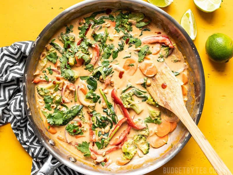 A skillet full of Spicy Coconut Vegetable Stir Fry