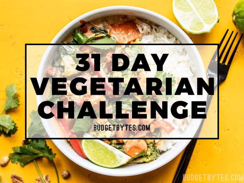 31 Day Vegetarian Challenge title over a bowl of coconut curry.