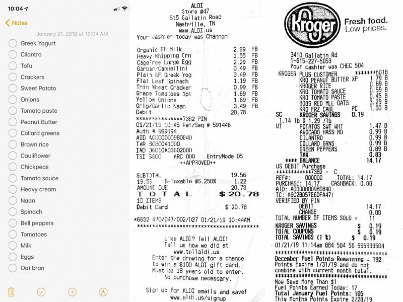 Grocery List and Receipts from Week 4
