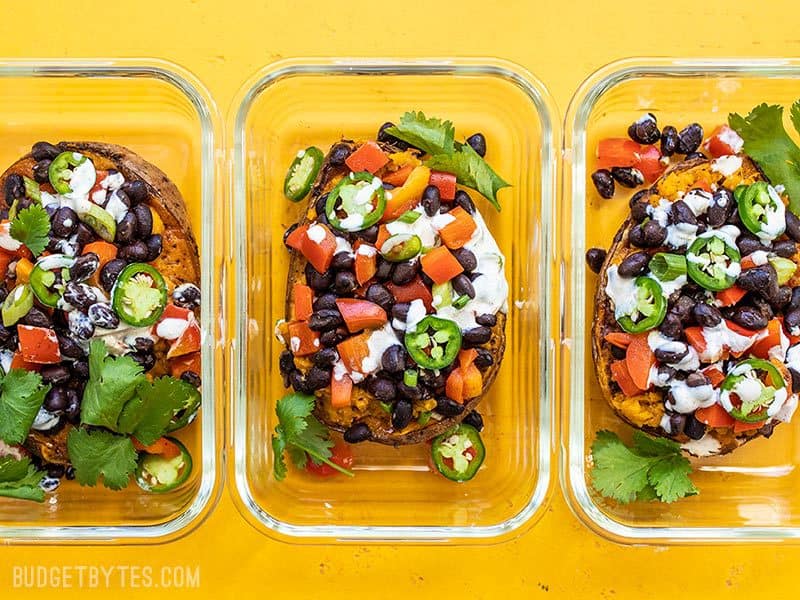 Loaded Sweet Potatoes in Glass Meal Prep Containers