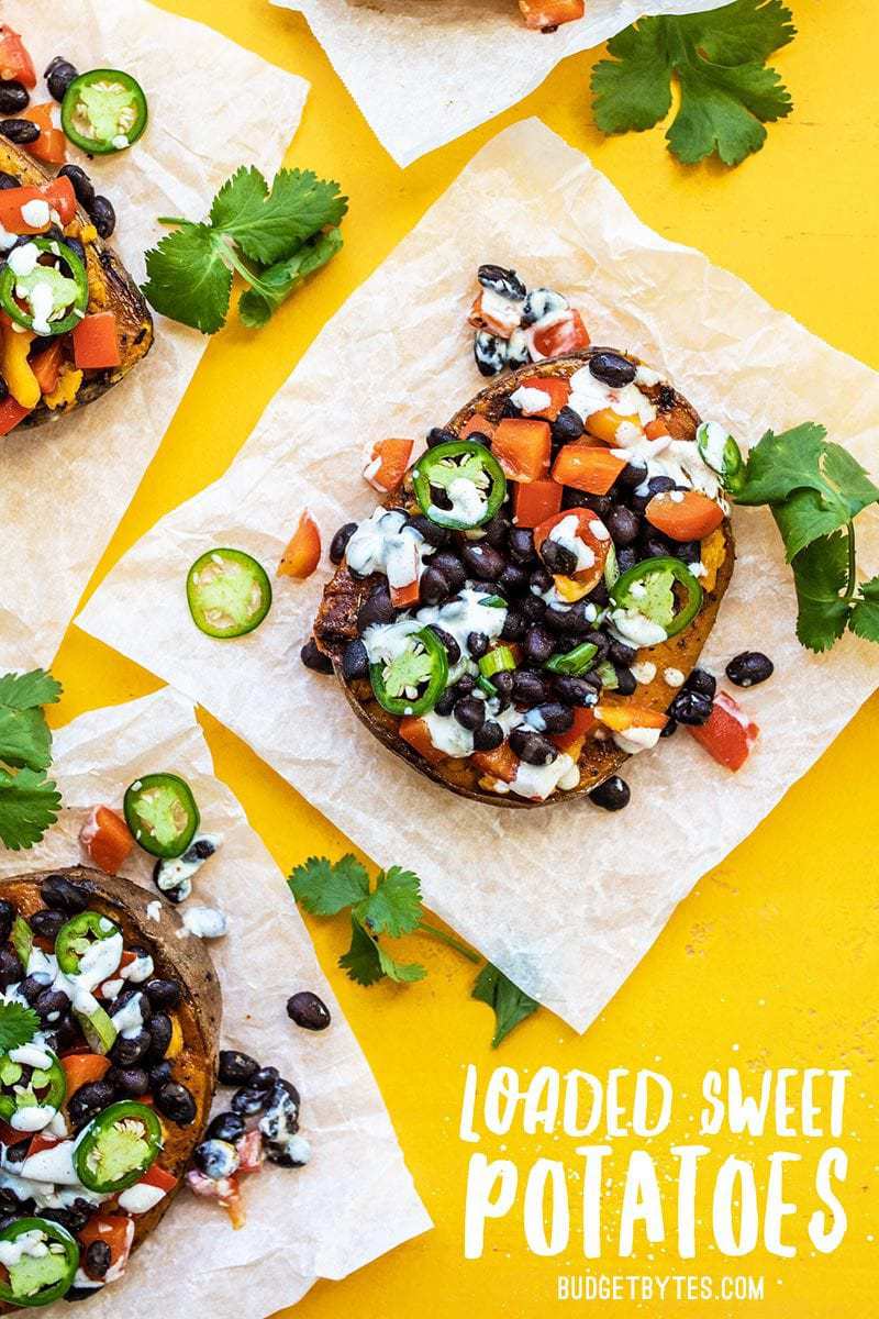 Loaded Sweet Potatoes are the perfect pre-portioned item for your weekly meal prep. They reheat well and can be customized to fit your needs. Budgetbytes.com