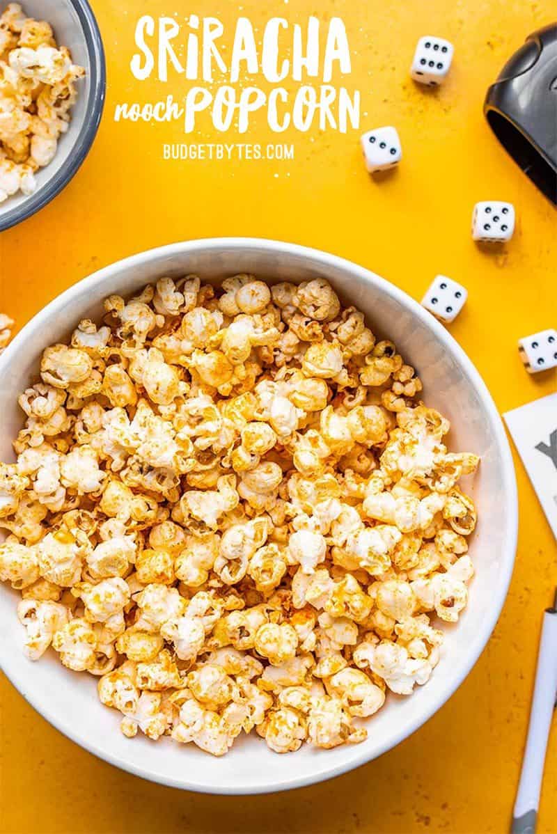 Sriracha Nooch Popcorn is the perfect salty snack with tons of crunch, a spicy buttery coating, and a slightly cheesy flavor thanks to nutritional yeast. Budgetbytes.com