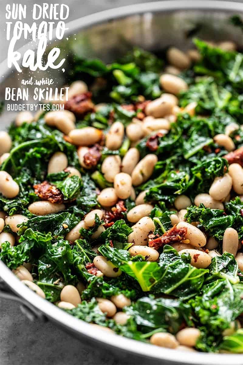 This quick Sun Dried Tomato, Kale, and White Bean Skillet is a fast, flavorful, and fiber-licious meal that is ready for perfect for weekly meal prepping. Budgetbytes.com
