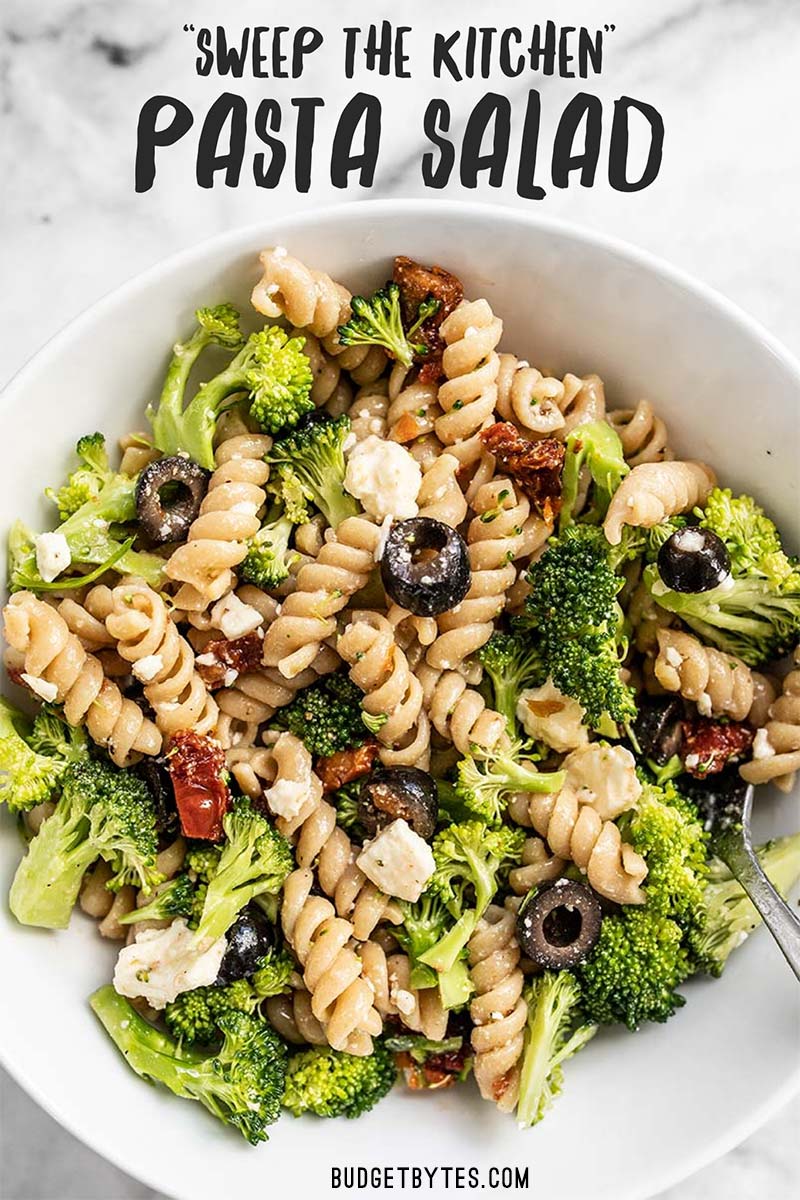 Throw together meals like this "Sweep the Kitchen" Pasta Salad are my favorite way to use up leftovers in the kitchen. Easy, versatile, and never boring! Budgetbytes.com
