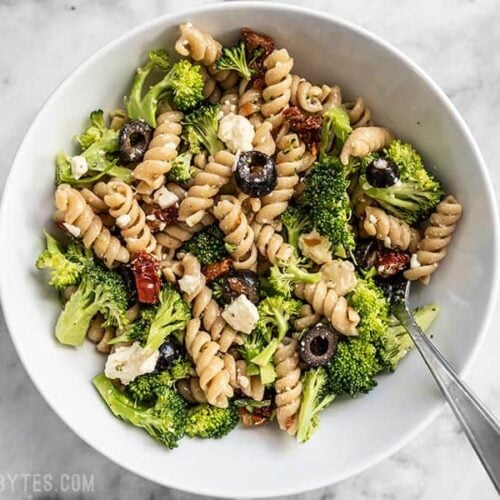 Overhead view of a bowl of "Sweep the Kitchen" Pasta Salad