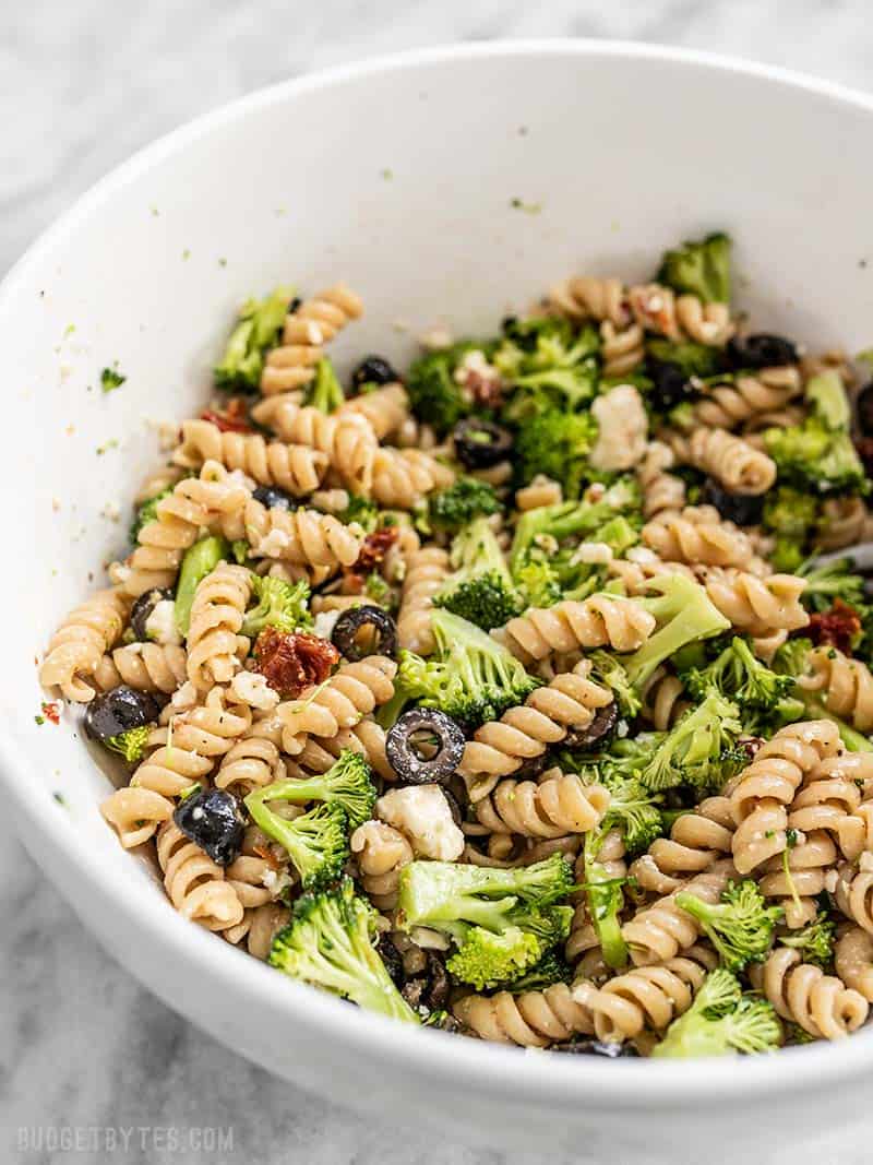 Side view of a bowl of Sweep the Kitchen Pasta Salad