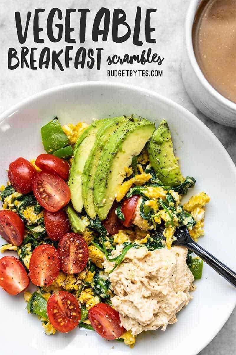 These Vegetable Breakfast Scrambles are a savory breakfast lover's dream. Fast, flavorful, full of healthy vegetables, and fully customizable. Budgetbytes.com