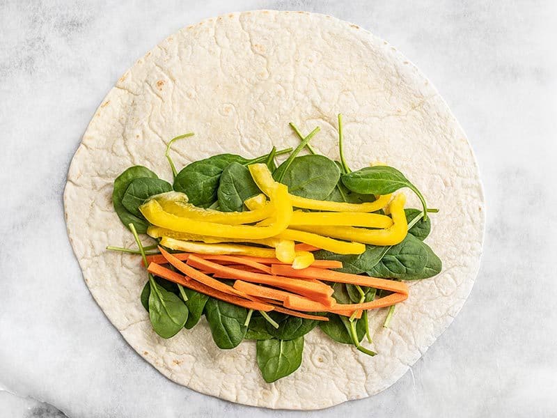 Vegetables on Tortilla for Sriracha Chickpea Salad Wraps