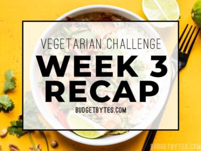 What I bought, cooked, ate, and how I felt throughout week 3 of the Vegetarian Challenge. Using up leftovers, battling stress cravings, and more! Budgetbytes.com