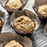 Close up shot of Banana Flax Muffins in paper liners