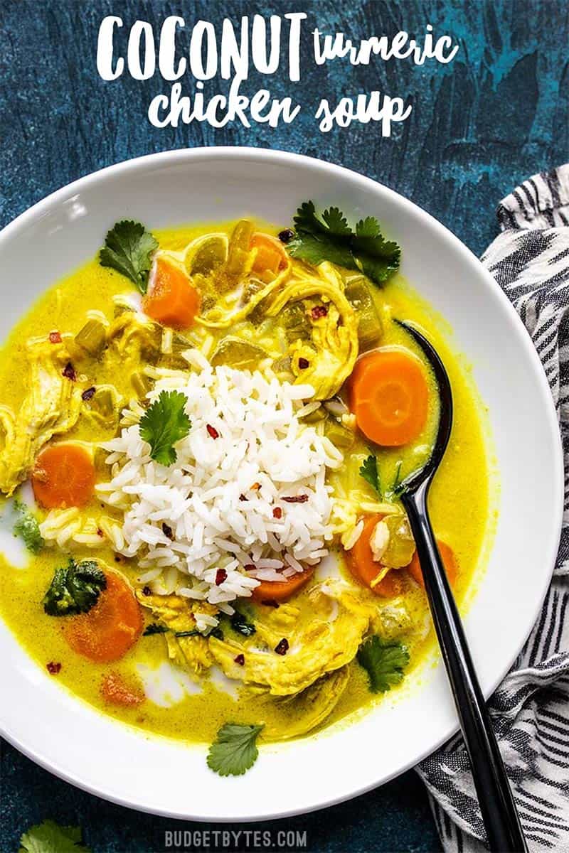 Warm, earthy, creamy and delicious! This Coconut Turmeric Chicken Soup is a fun twist on your comforting classic homemade chicken soup. Budgetbytes.com
