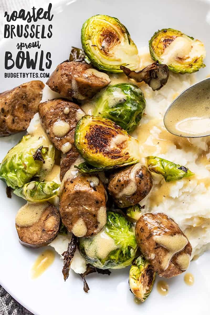 Roasted Brussels Sprouts and Vegetarian Sausage over Mashed Potatoes with Creamy Dijon Dressing