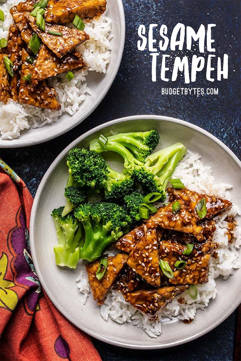 These Sesame Tempeh Bowls are a great vegan alternative to sesame chicken and only take about 20 minutes to make. An easy fast vegan meal prep! Budgetbytes.com