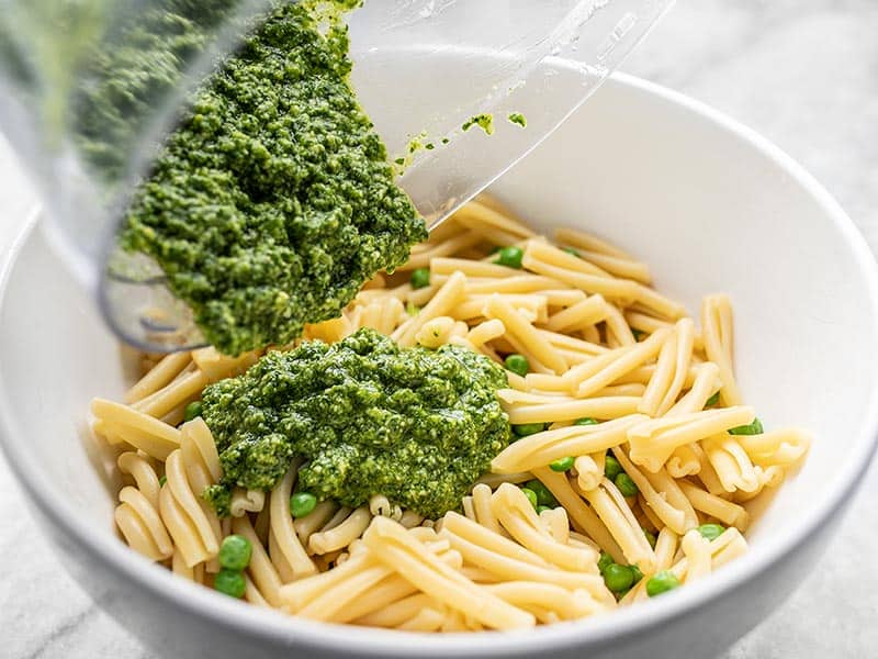 Add Parsley Pesto to Pasta in a bowl