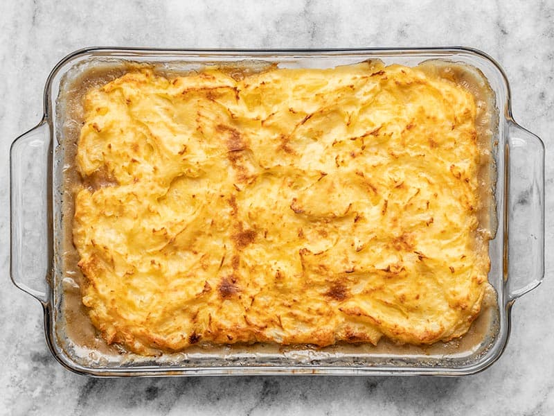 Baked Cheesy Cottage Pie in the casserole dish