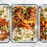 Three Salsa Chicken Meal Prep Containers in a row