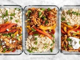 Three Salsa Chicken Meal Prep Containers in a row